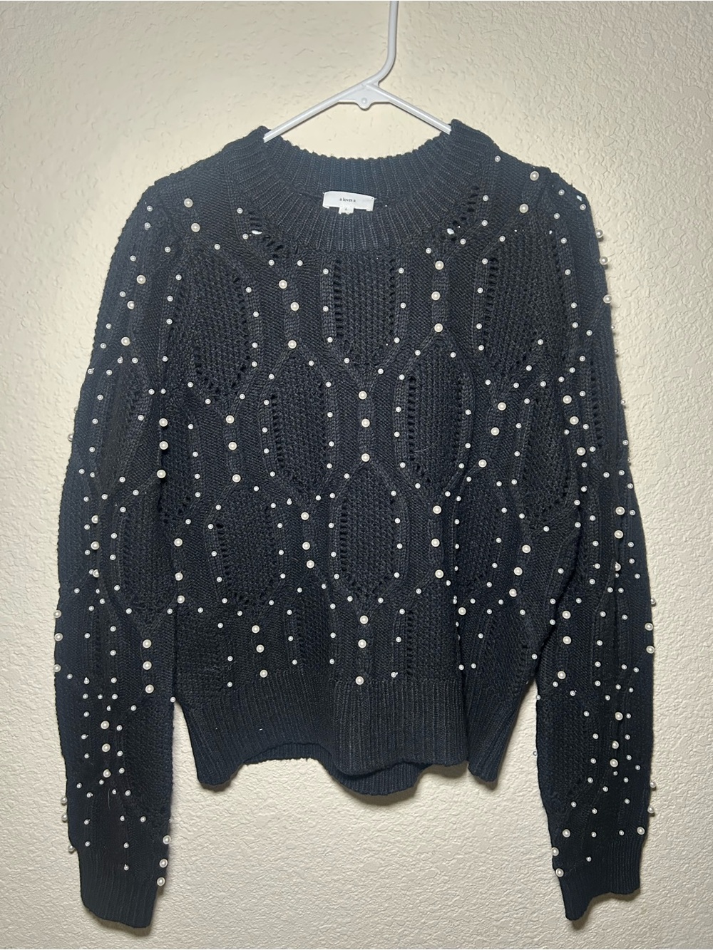 A loves A Pearl-Embellished Black Cable Knit Sweater Warm Winter Holiday Casual